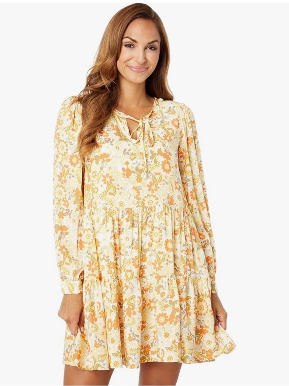 Lost and Wander Fully Lined Floral Tie-Neck Tiered Mini Dress in Yellow & Cream